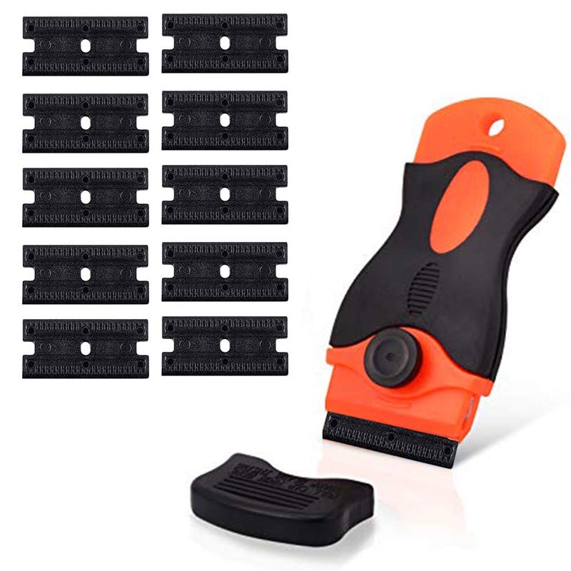 CANOPUS Plastic Razor Blade Scraper with 10 Double Edged Plastic Replacement Blades, Suitable to Remove Glue, Stickers, Decals, Gaskets, Auto Window Tint Vinyls, Black-Orange - Image 1